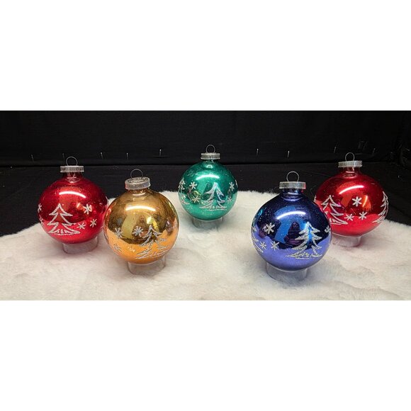Vintage Glass Christmas Tree Snowflake Mica Stenciled Christmas Ornaments - Picture 1 of 6
